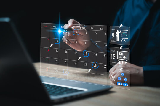 Business Planning management, Calendar Agenda work schedule concept, Businessman marking important work to planning on the calendar, Meetings, Target Training, Organize schedules, Workflow, Hr manage