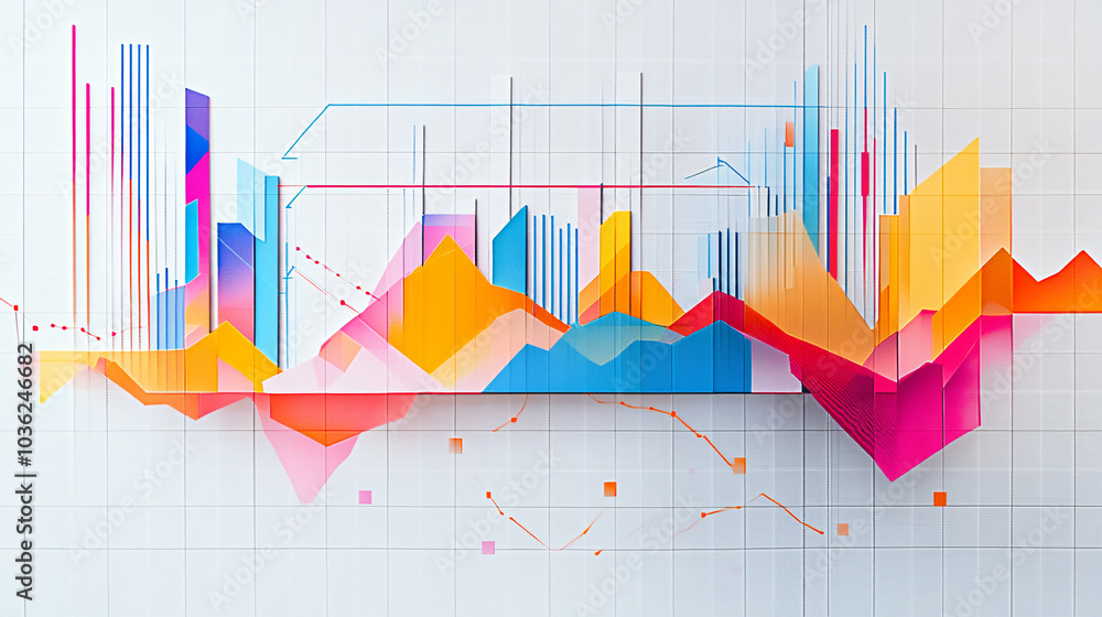 Wall mural a vibrant detailed graph with multiple line charts overlaid on a bar chart, set against a grid on a 