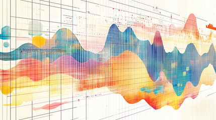 A vibrant detailed graph with multiple line charts overlaid on a bar chart, set against a grid on a white background