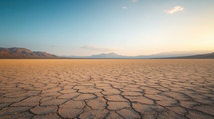 Cracked earth stretching to distant mountains under blue sky