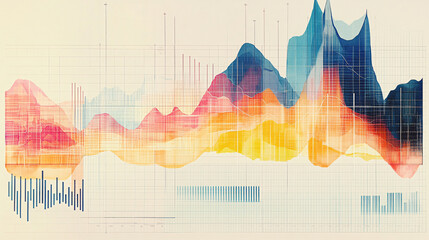 A vibrant detailed graph with multiple line charts overlaid on a bar chart, set against a grid on a white background