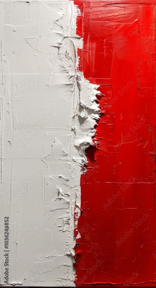 Poster White and red textured paint split vertically on a canvas. Concept of contrast and abstract art. For artistic inspiration or creative projects.