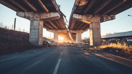 Obraz premium Destroyed highway bridge collapsing at sunset creating concrete rubble