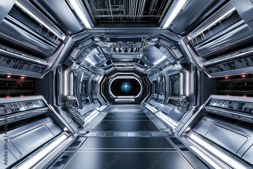 Poster futuristic spaceship corridor with starry viewport