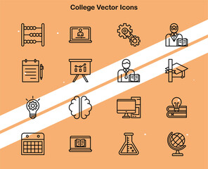 Set of college icons depicting educational elements ideal for school and academic themes.
