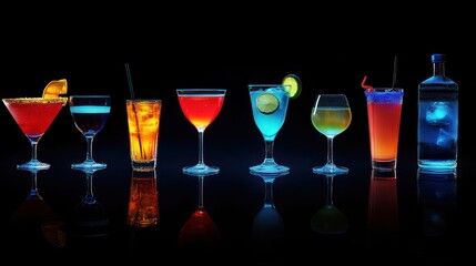 Colorful Cocktails and a Bottle of Liquor