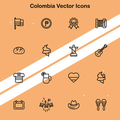 Collection of Colombia vector icons showcasing cultural symbols and landmarks suitable for travel and heritage themes.