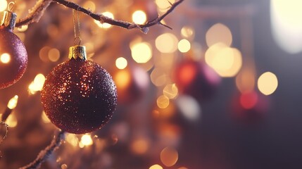 Obraz premium Sparkling Christmas Ornaments on a Tree Branch