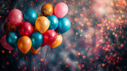 Title: Festive celebration with colorful balloons, glitter, and confetti against twinkling lights background
