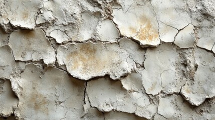 Fototapeta premium The surface shows a pattern of cracked plaster, revealing deterioration over time. The light creates shadows, emphasizing the uneven texture and aged appearance of the wall.