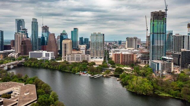 4K+ Aerial time-lapse of downtown Austin skyscrapers under construction