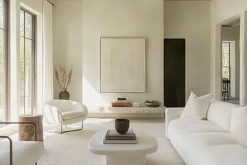 Modern Minimalist Living Room with White Furniture and Abstract Artwork
