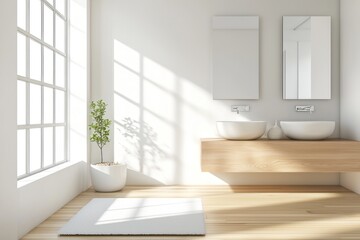 Fototapeta premium Minimalist Bathroom Interior with Wooden Vanity and White Sinks