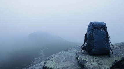 Backpack on a Rock in Foggy Landscape