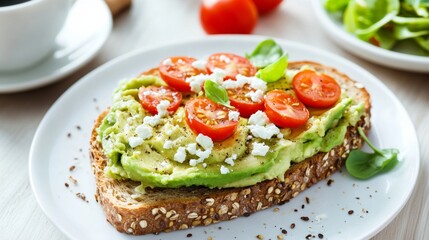 A fresh avocado toast with smashed avocado, cherry tomatoes, and a sprinkle of feta cheese