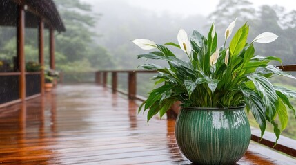Fototapeta premium Serene Rainy Day with Potted Plant on Wooden Deck