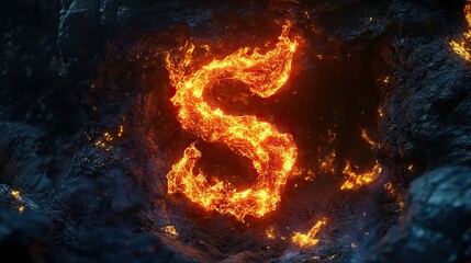 Fiery Letter S in a Volcanic Cave
