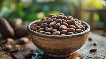 Fototapeta premium A bowl of roasted cocoa beans on a wooden table with blurred background.