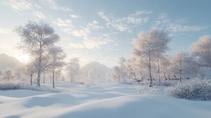 Obraz premium Capture a stunningly realistic image of the first winter landscape, with snow gently blanketing the ground, frost-kissed trees, and soft light illuminating the peaceful, untouched beauty of the season