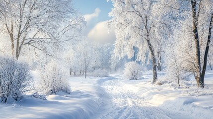 Obraz premium Capture a stunningly realistic image of the first winter landscape, with snow gently blanketing the ground, frost-kissed trees, and soft light illuminating the peaceful, untouched beauty of the season