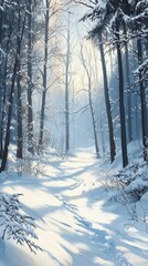 Fototapeta premium Capture a stunningly realistic image of the first winter landscape, with snow gently blanketing the ground, frost-kissed trees, and soft light illuminating the peaceful, untouched beauty of the season