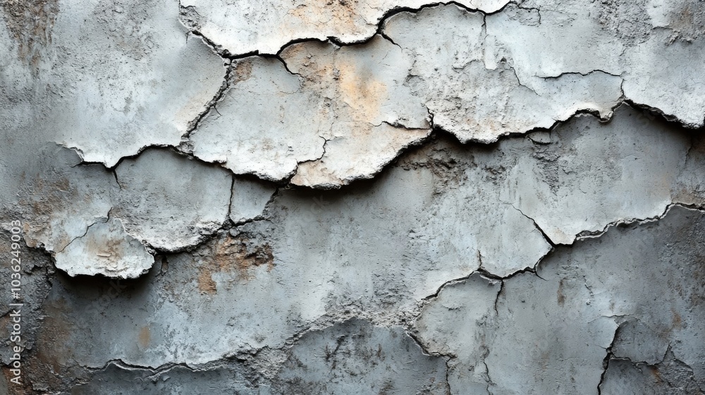 Poster a textured wall displays deep cracks and peeling layers of concrete, illustrating the passage of tim