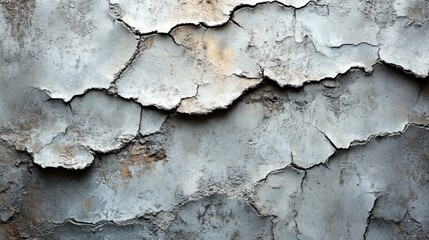 Obraz premium A textured wall displays deep cracks and peeling layers of concrete, illustrating the passage of time through its weathered appearance in an urban setting.