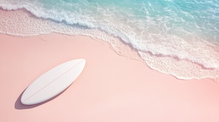 Fototapeta premium Dreamy pink vacation beach, surfboard laying on pastel sands, island scenery, realistic 3D, perfect for product mock-up, clean and minimal