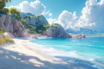 Fototapeta premium Secluded Sandy Beach with Turquoise Water and Lush Green Cliffs
