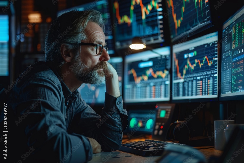 Poster a man is focused on computer screens showing stock charts. concept of financial analysis and trading