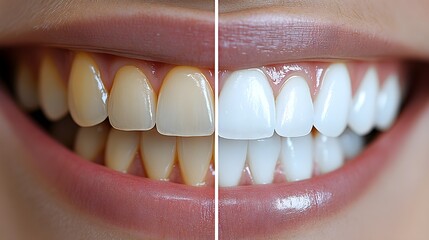 Side-by-side comparison of teeth, illustrating the brightness enhancement from professional whitening, Photorealistic, Clean Lighting, Clear Focus