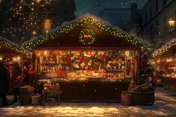 A cozy christmas market stall adorned with warm lights and holiday decorations captures the festive spirit of the season as visitors browse nearby , ai