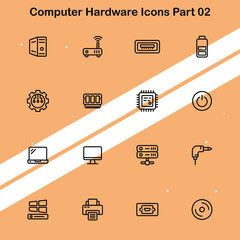 Collection of computer hardware icons showcasing technical components suitable for technology and IT themes.