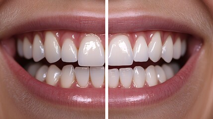 Close-up of a patient's teeth before orthodontic treatment with visible misalignment, and the after shot showcasing straight, well-aligned teeth