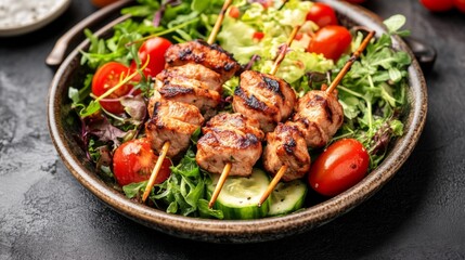 Fototapeta premium Grilled Skewers Over Fresh Salad with Vegetables