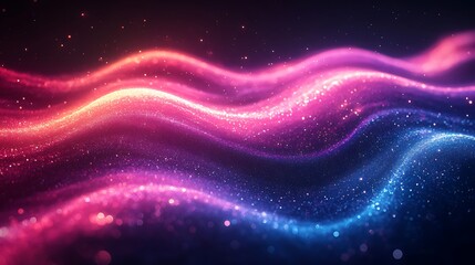 Abstract background with glowing, wavy lines of pink, red, and blue light with a dark background.