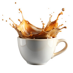 A white cup with splashing brown liquid, surrounded by a white background
