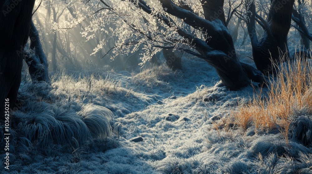 Poster sunlight streams through the trees of a winter forest, illuminating the frost-covered grass and bran