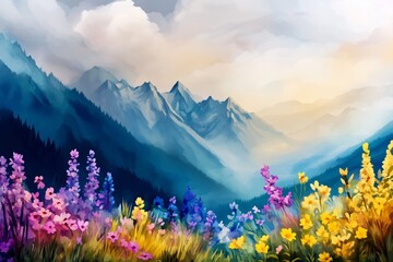 Fototapeta premium A vibrant landscape showcasing colorful flowers in the foreground and majestic mountains under a cloudy sky in the background.