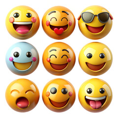 Joyful Emojis 3D Render: A collection of nine cheerful 3D rendered emojis expressing various emotions, perfect for adding a playful touch to your designs.  