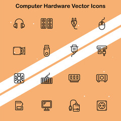 Collection of computer hardware vector icons showcasing technological devices and parts perfect for IT and tech themes.