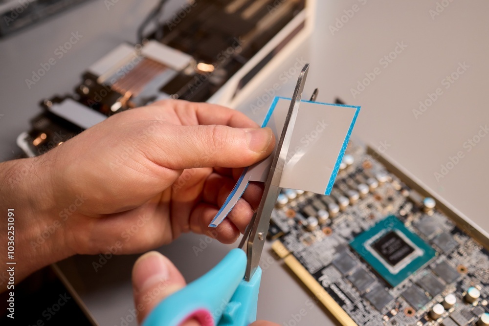 Aufkleber hand repairing a graphics card through the application of thermal paste for better performance