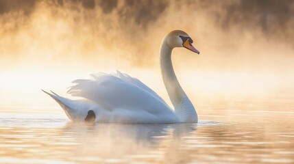 Fototapeta premium Elegant Swan Gliding on Misty Water at Sunrise