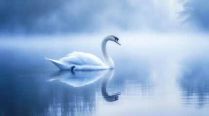 Fototapeta premium Graceful Swan in Misty Morning Reflection
