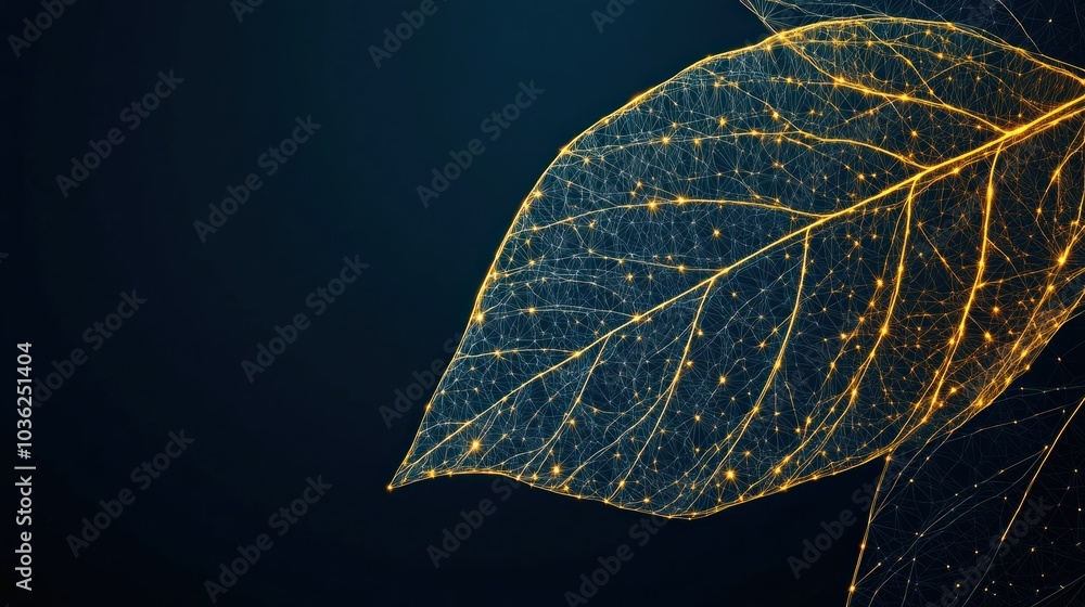 Poster a glowing leaf design with intricate patterns against a dark background.