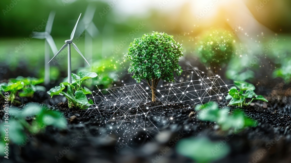 Poster a small tree growing in soil surrounded by wind turbines and a network of lights