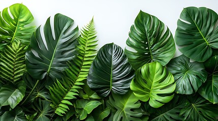 Obraz premium Lush green tropical leaves arranged in a row against a white background.