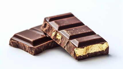Dark chocolate bar with gold foil wrapper, high-end luxury feel, intricate details, isolated on white background