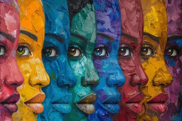 Colorful abstract faces in a row are painted with textured strokes. Concept is diversity and creativity. For art exhibitions or creativity workshops.