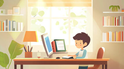 The little boy sitting in front of the computer doing homework
